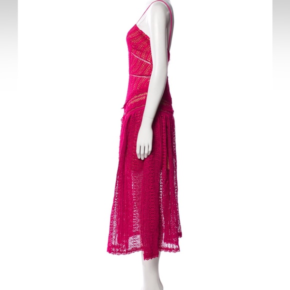 Self-Portrait Fuchsia Guipure Lace Spiral Midi Dress, Nude Lining, US4, UK8 EX++ - Picture 9 of 10
